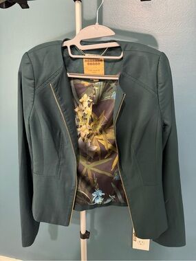 Ted Baker London Deep Teal with Gold Zip-Front Blazer with Floral Lining